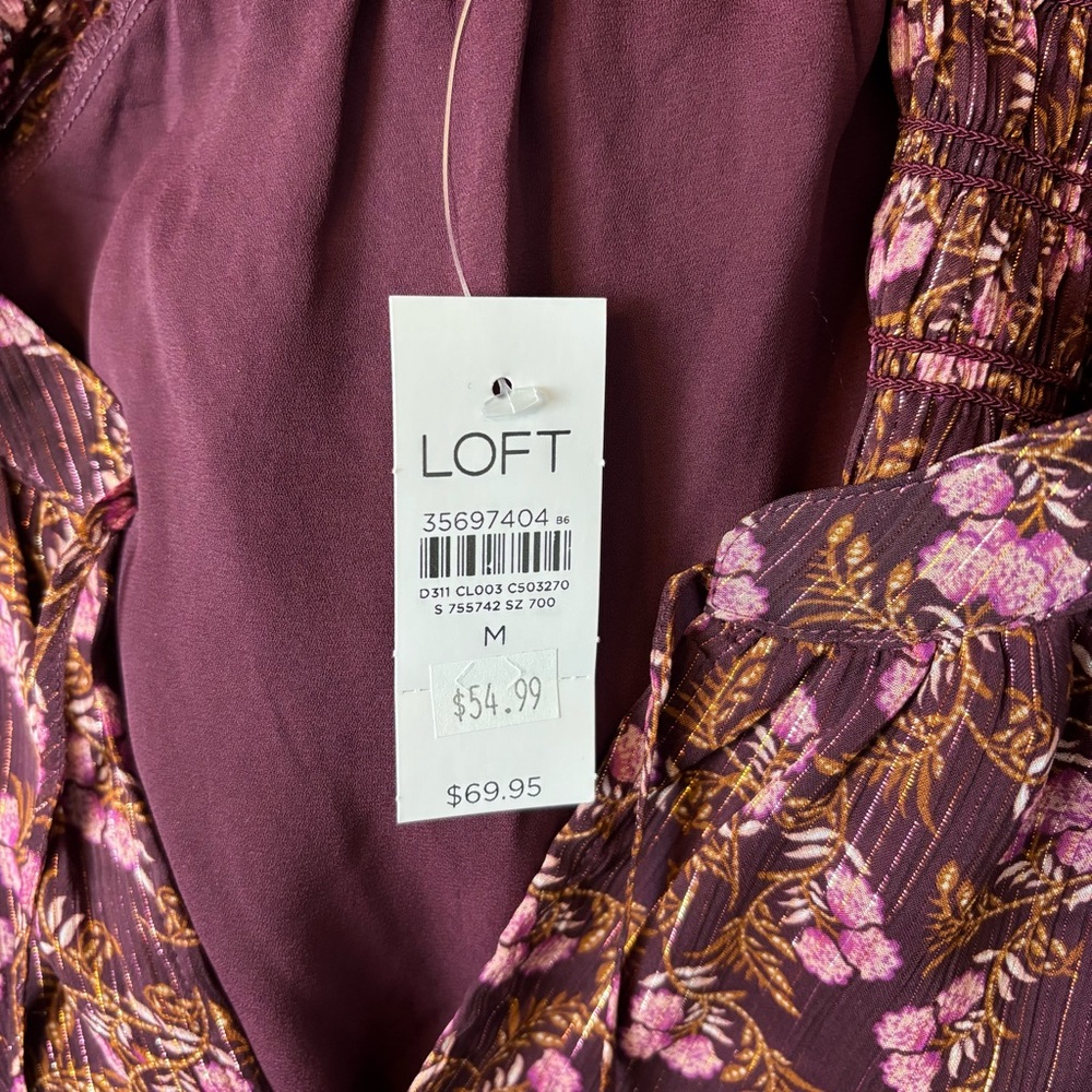 Loft Top Medium Burgundy Floral Lined V-Neck Tie Front Long Sleeve Blouse - Picture 9 of 11